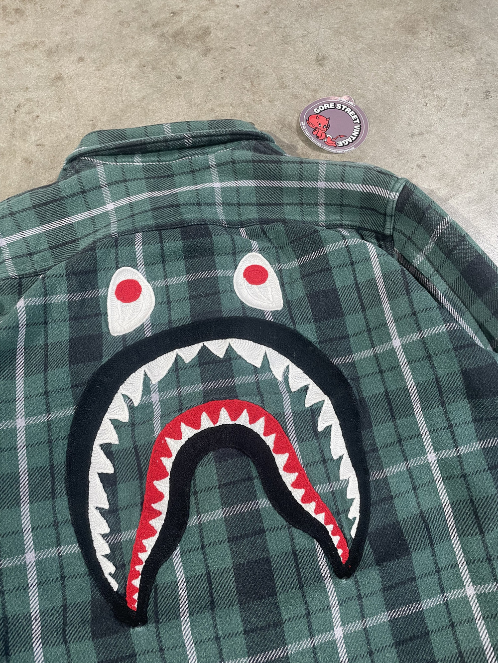 BAPE Green Plaid Chainstitch Shark Face Button up L 22x25